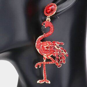 NEW Flamingo Bird Multi Stone CZ Crystal Rhinestone Red Dangle Evening Earrings